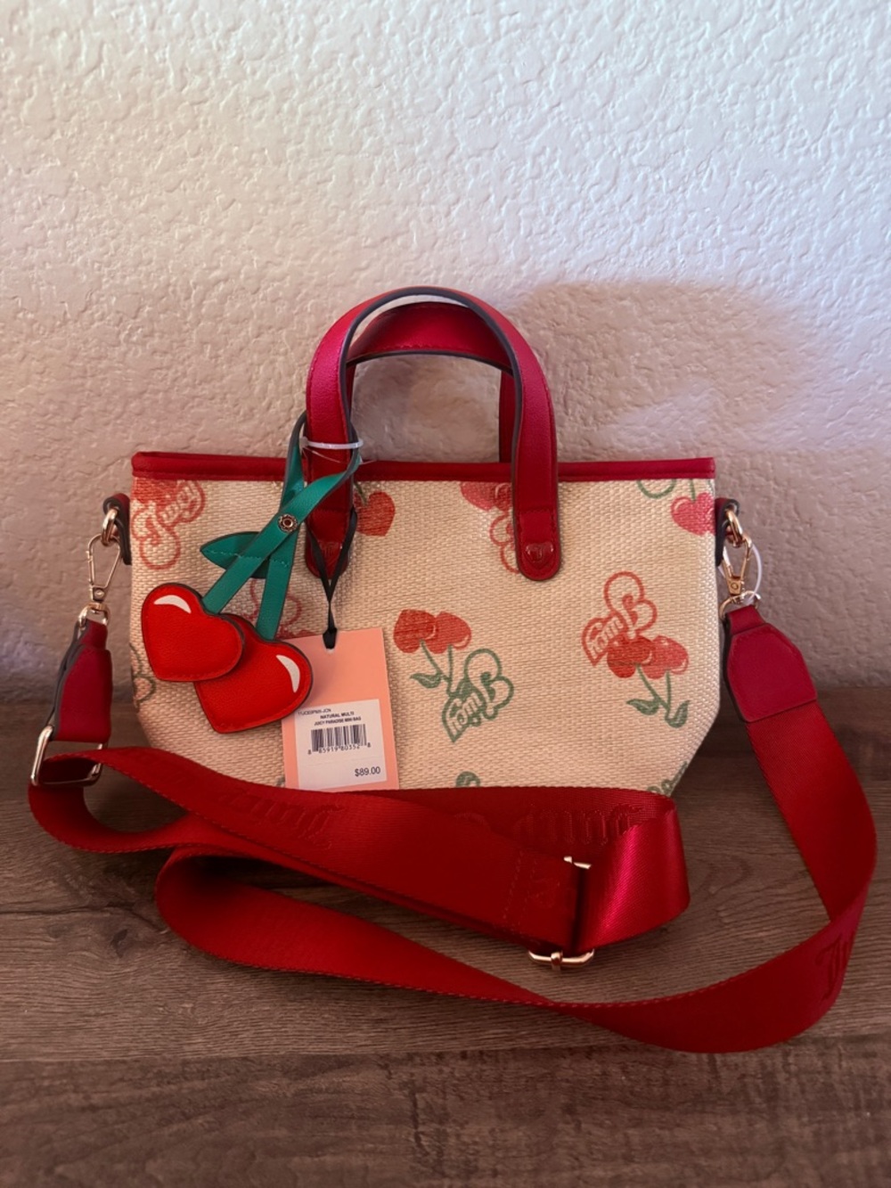 Juicy couture mini paradise red Trim Canvas Tote with Cherry Print